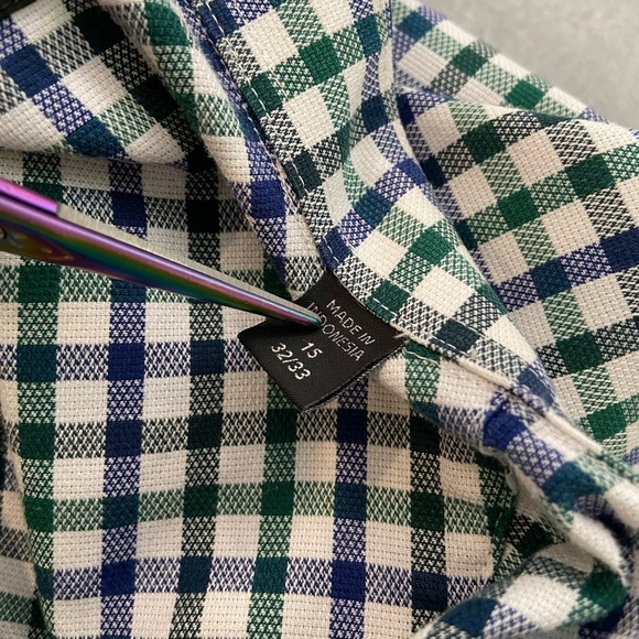 Esquire Size 15 Performance Slim Fit Non Iron Blue Green Plaid Button Down Shirt - Picture 10 of 13